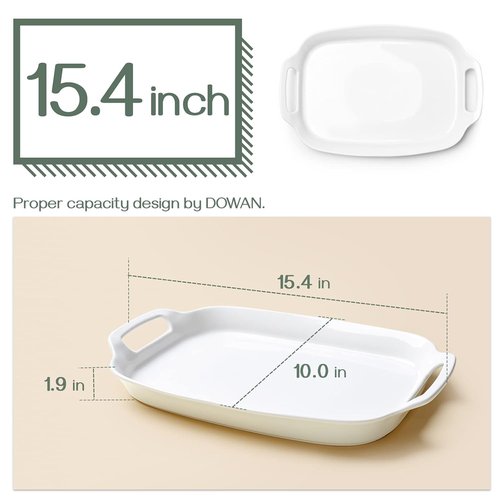DOWAN Serving Tray - 15.4" Large Porcelain Platters with Handles for Weddings | Set of 2 White Dishes