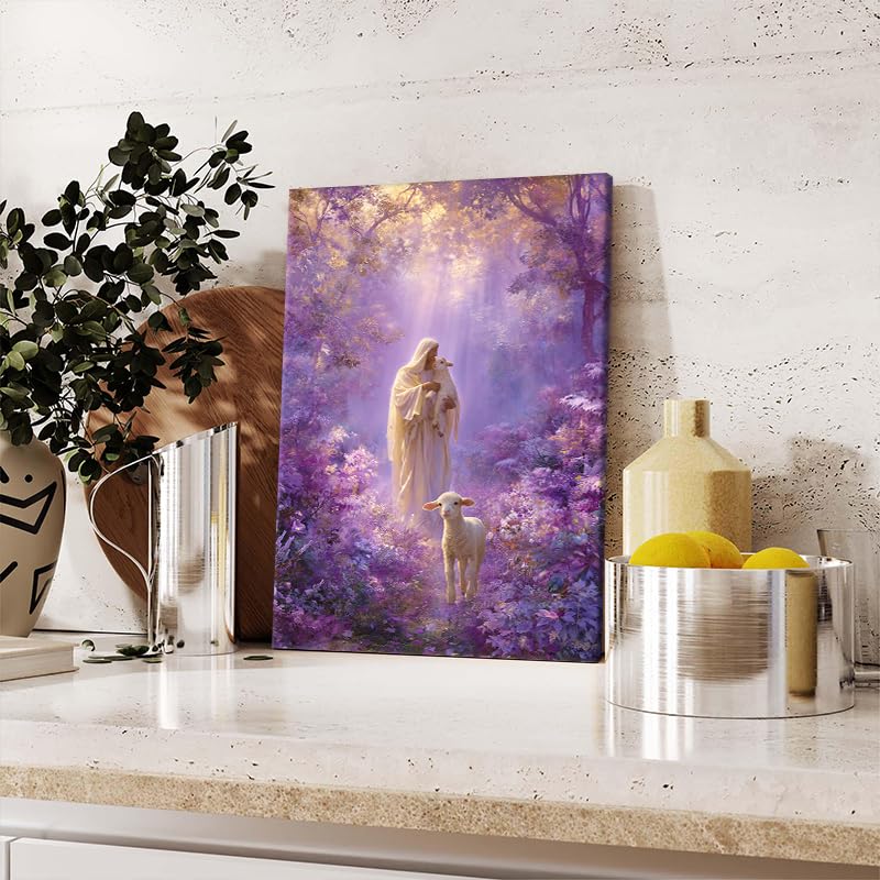 Shepherd with Lambs Purple Enchanted Forest Canvas Wall Art - 24x36 Inches