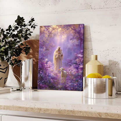 Shepherd with Lambs Purple Enchanted Forest Canvas Wall Art - 24x36 Inches