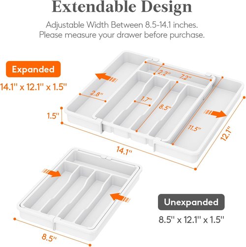 Lifewit Expandable Silverware Drawer Organizer - BPA-Free Utensil Tray for Kitchen | Adjustable 8.5-14 x 12" - White