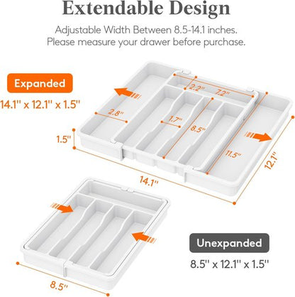 Lifewit Expandable Silverware Drawer Organizer - BPA-Free Utensil Tray for Kitchen | Adjustable 8.5-14 x 12" - White