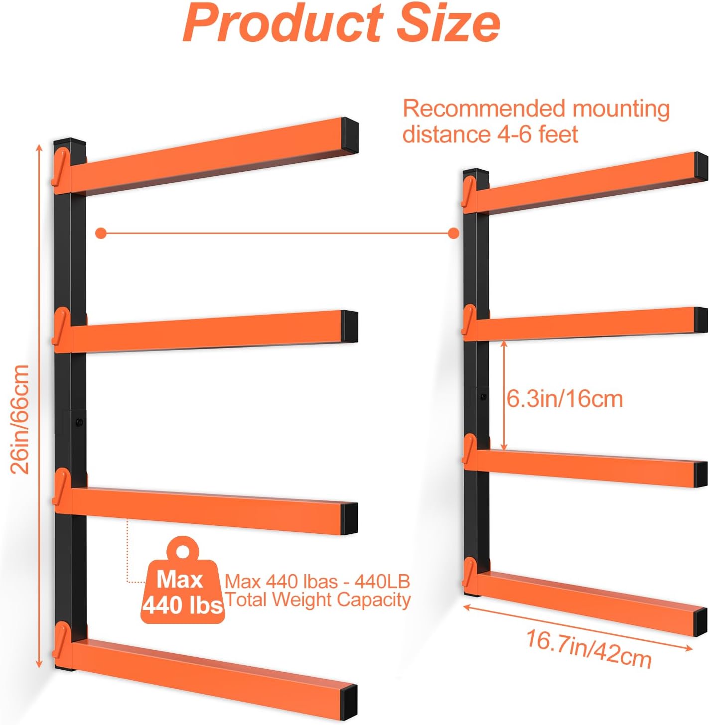 NANANARDOSO Wall Mount Wood Organizer - Heavy Duty Metal Shelf with 4 Levels | Lumber Storage Racks, 4 Pack