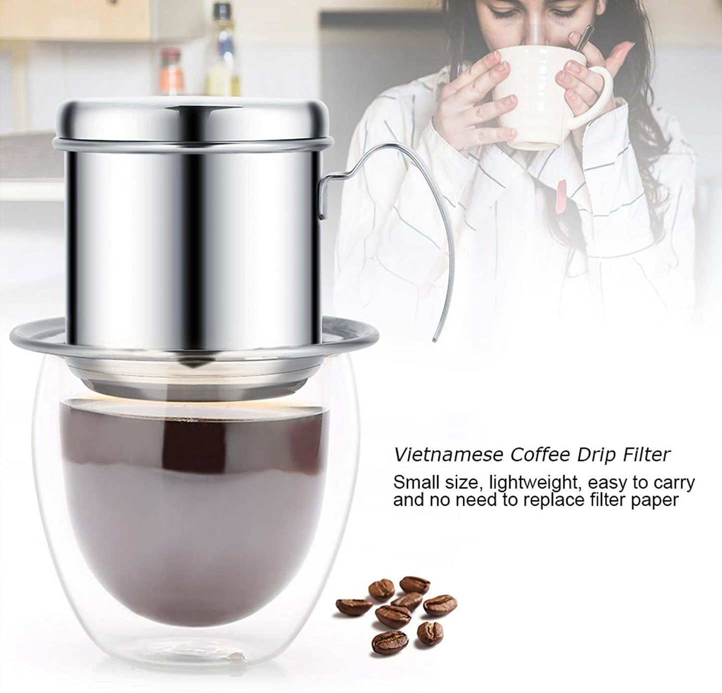 Coffee Filter Vietnamese Coffee Drip Filter Stainless Steel Vietnamese Coffee Maker Coffee Maker Pot Single Serving Cup Manual Coffee Infuser Filter Coffee Dripper For Coffee Lover (Silver)