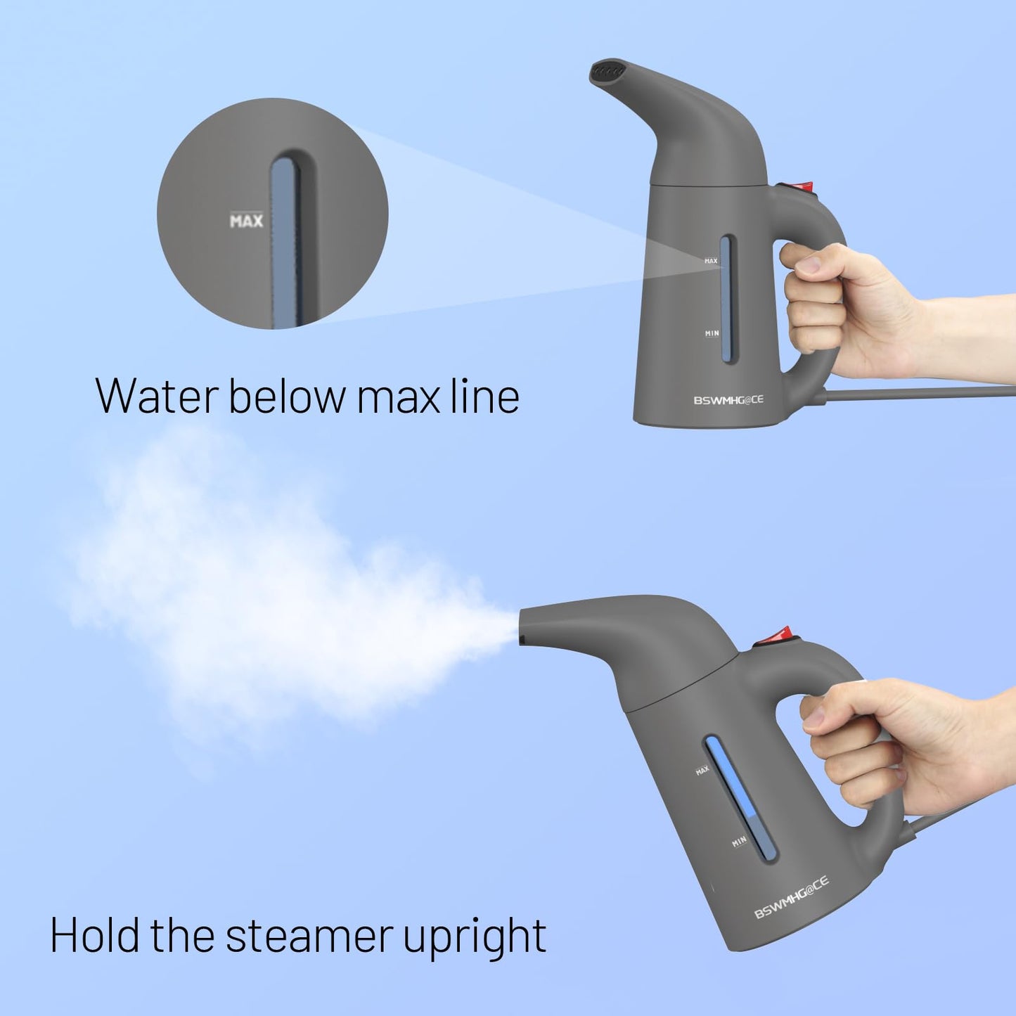 Steamer for Clothes, Handheld Garment Steamer, Portable Clothes Steamer Remove Wrinkle, 180ml Water Tank, 12 minutes Continuous Steam, 2.3 meter Cord, Ideal for ALL Fabrics, One button Design (Gray)