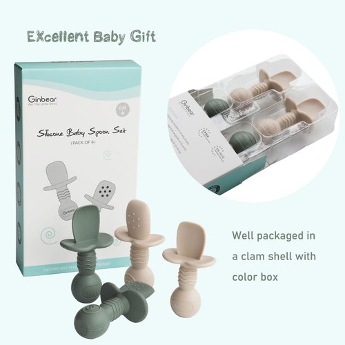 Ginbear Platinum Silicone Baby Spoons Self Feeding 6 Months First Stage, Non Toxic Infants Led Weaning Utensils for Training, Soft BLW Supplies Pack of 4 (Hazy Green/Pink)