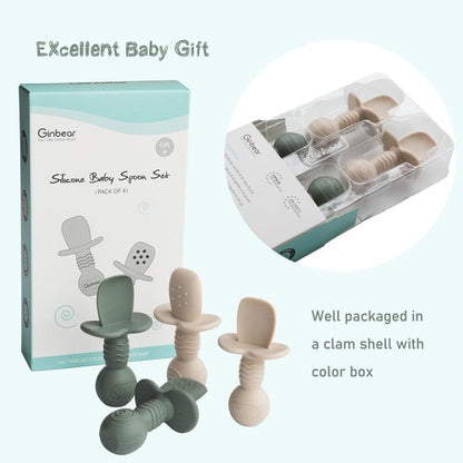 Ginbear Platinum Silicone Baby Spoons Self Feeding 6 Months First Stage, Non Toxic Infants Led Weaning Utensils for Training, Soft BLW Supplies Pack of 4 (Hazy Green/Pink)
