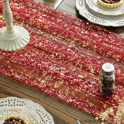 28x120 Inch Red Gold Gauze Table Runner 6 Pack Glitter Metallic Decor