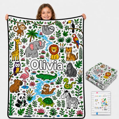Personalized Jungle Animals Coloring Blanket with 24 Markers - Style 7, Fleece