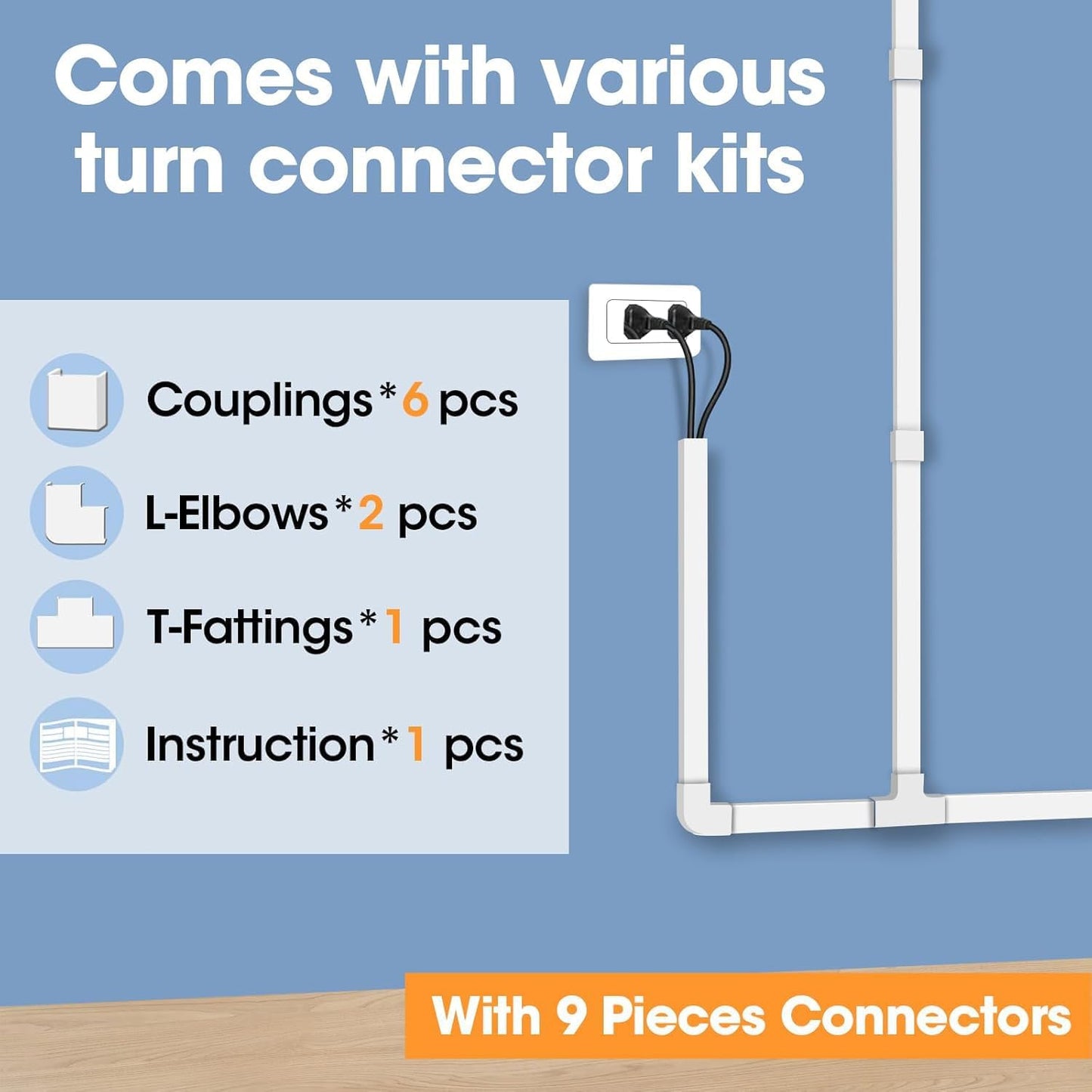 YesBes Cord Hider Kit - 116in Paintable Cable Raceway for Wall-Mounted TVs | White Wire Covers 0.96in x 0.57in