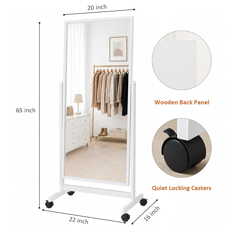 Full Length Mirror with Wheels 65 x 22 in Freestanding White Wood Frame - Adjustable Tilt