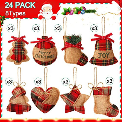 Fresh 24 Pcs Burlap Christmas Ornaments Set with Mini Stockings & Rustic Decorations