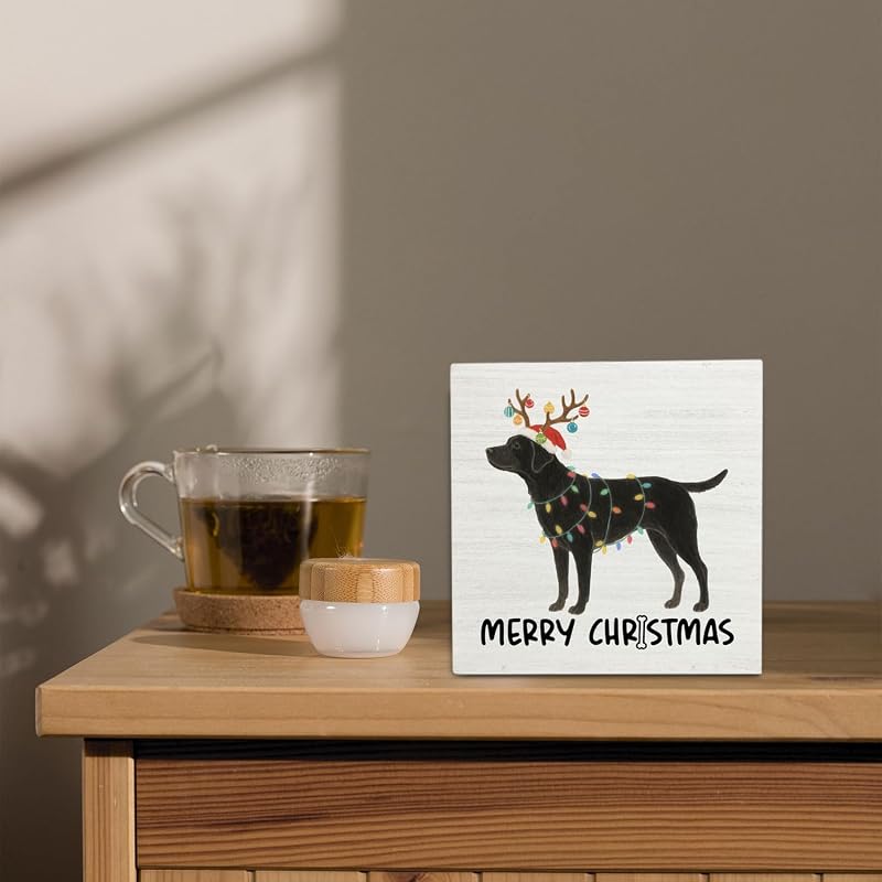 Black Labrador Merry Christmas Wooden Box Sign - 5x5 Inch Desk & Wall Decor (Variation: Black Labrador)