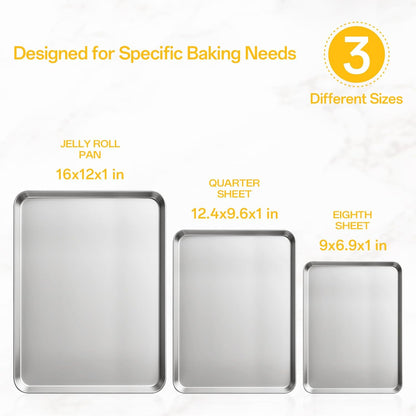Ohtomber Stainless Steel Baking Sheet Pan Set - Heavy Duty 3 Pack Cookie Sheets | 9/12/16 Inch Trays for Roasting