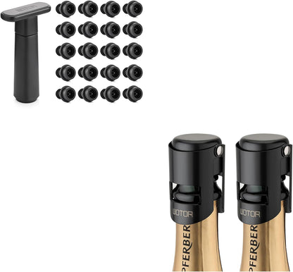 WOTOR Champagne Stoppers with Stainless Steel Champagne Bottle Stopper with Food Grade Silicone Reusable Champagne Cork, Saver Suitable for Champagne, Cava, Prosecco, Sparkling Wine (Black, 2pack)
