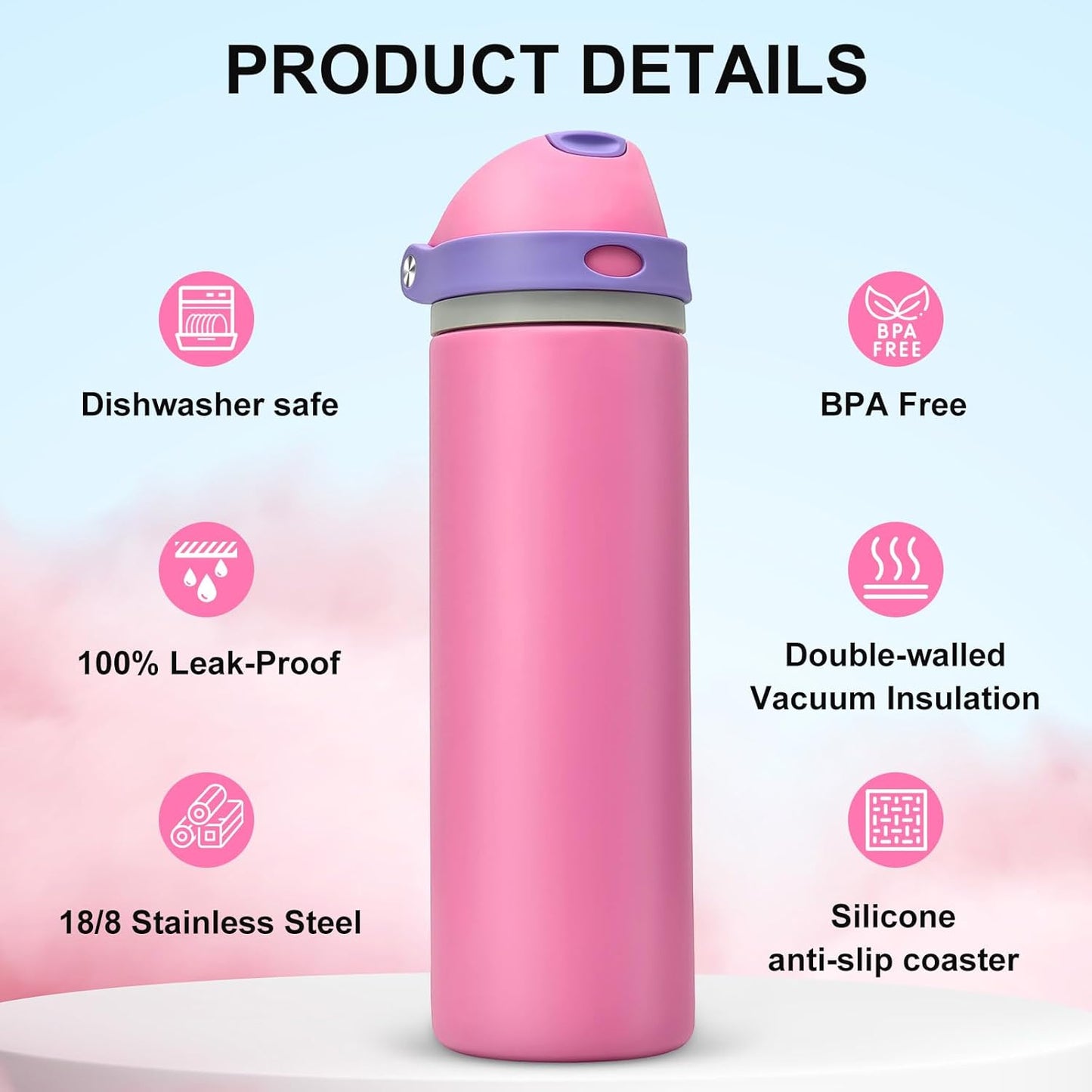Skiennix 24 oz Insulated Water Bottle - Leak-Proof Stainless Steel with One-Touch Flip Lid & Straw | Pink