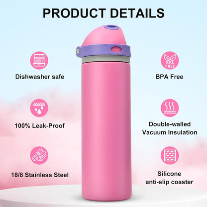 Skiennix 24 oz Insulated Water Bottle - Leak-Proof Stainless Steel with One-Touch Flip Lid & Straw | Pink