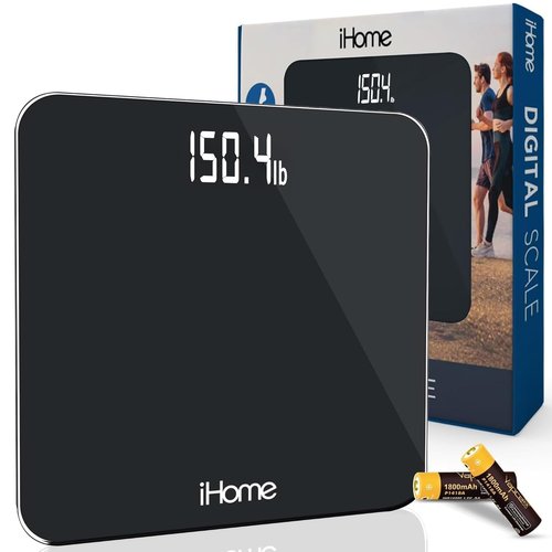 iHome Digital Bathroom Scale - Accurate Body Weight Measurement | Batteries Included, Sleek Black Design