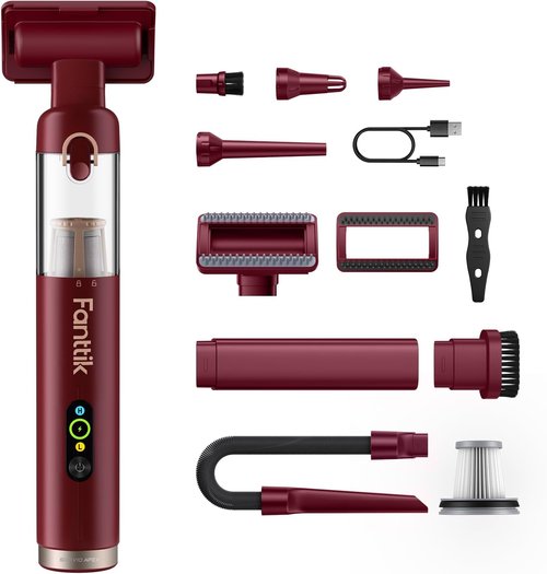 Fanttik Slim V10 APEX Cordless Car Vacuum - 4-in-1 Mini Handheld with 19kPa Suction Power | Smart Digital Display, 2 Modes (Red)