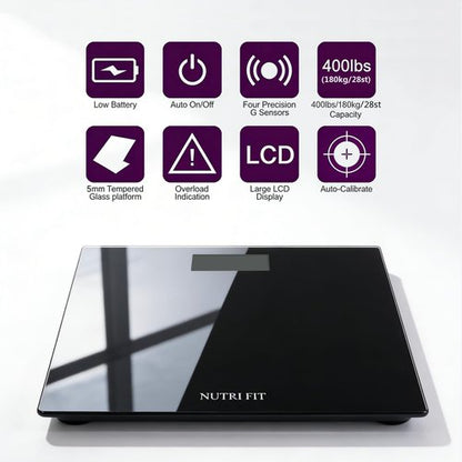 NUTRI FIT Digital Bathroom Scale Body Weight Scales 400 lbs Ultra Slim Most Accurate for Gym Yoga Studio with Large Backlit Display, Black