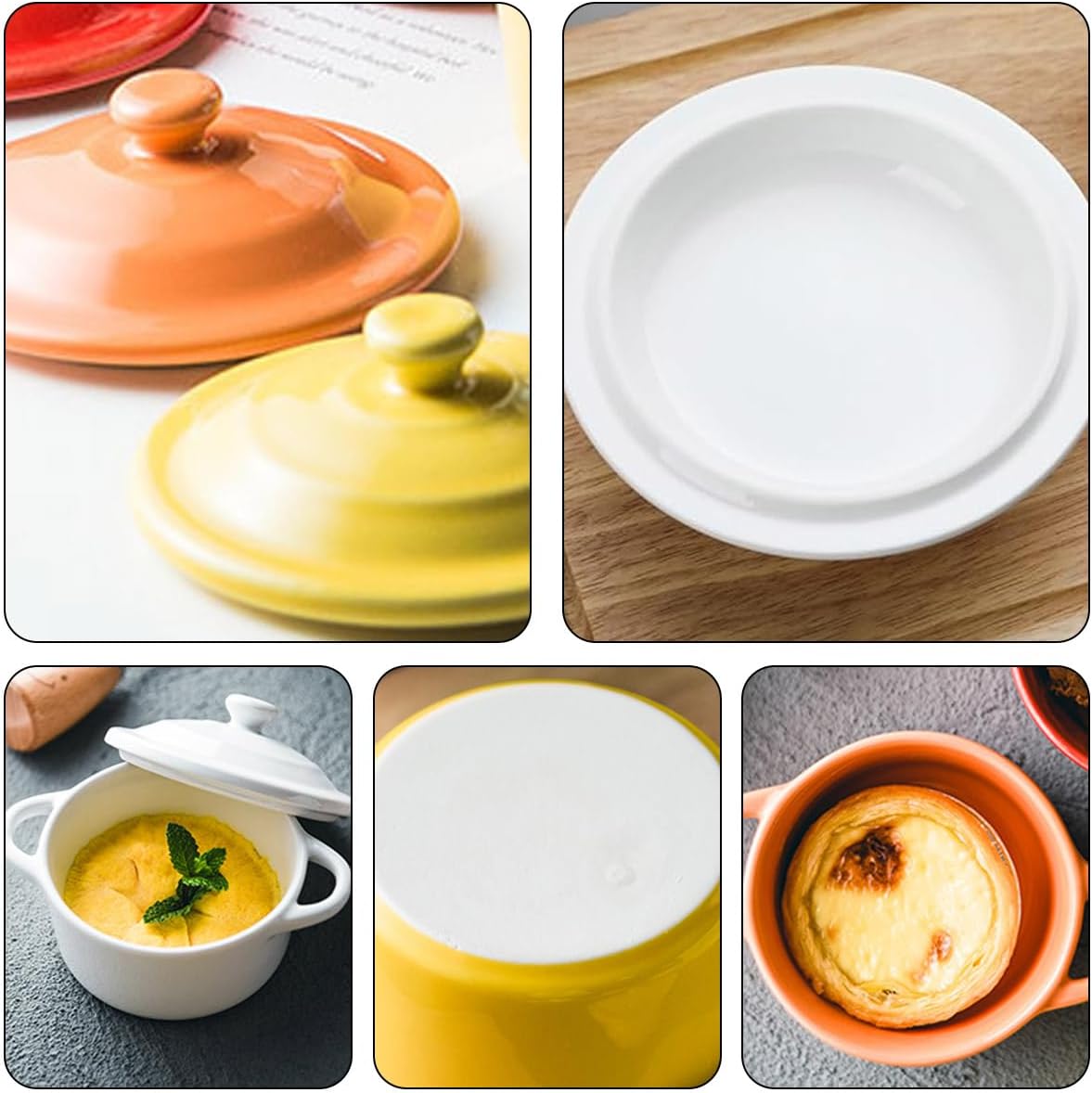 Skiennix 6 Pack Mini Cocotte - 8 OZ Ceramic Ramekins with Lids & Handles | Oven Safe Casserole Dishes in 6 Colors