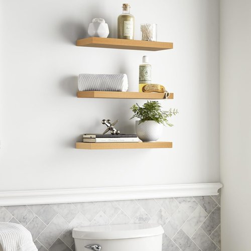 BAYKA Floating Wall Shelves - Rustic Wood Design for Bathroom, Bedroom & Living Room | Set of 3 (Light Oak, 15.7in)