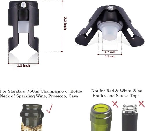 HYZ Champagne Stoppers 2Pack - Stainless Steel Sparkling Wine Bottle Stopper with Pure Silicone Air Tight Seal - Professional Wine Saver for Champagne，Prosecco and Cava (Black)