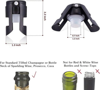 HYZ Champagne Stoppers 2Pack - Stainless Steel Sparkling Wine Bottle Stopper with Pure Silicone Air Tight Seal - Professional Wine Saver for Champagne，Prosecco and Cava (Black)