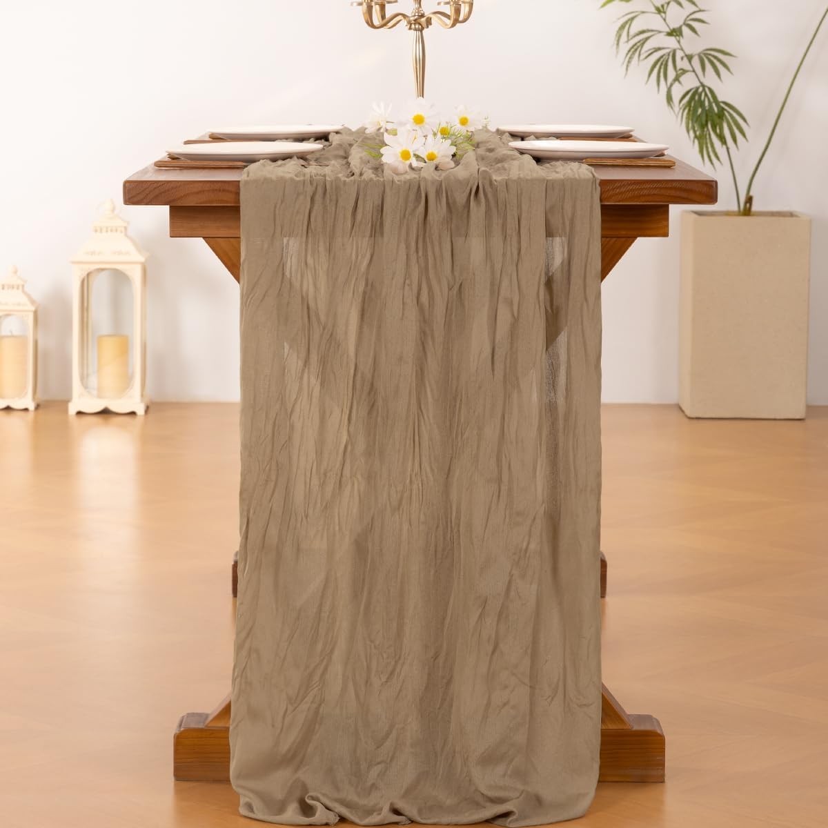 Socomi Cheesecloth Table Runner - Boho Rustic 120-Inch Nude Brown for Weddings & Events | 10-Piece Set