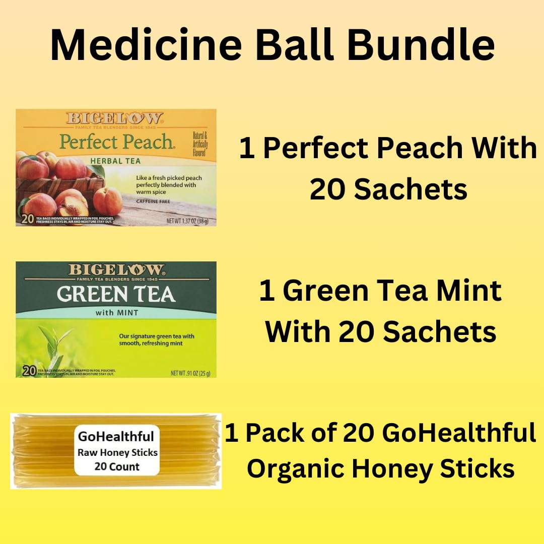 Bigelow Medicine Ball Cold Buster Tea Bundle, 20 Sachets Each (40 Total) of Bigelow Green Tea Mint and Perfect Peach Bundle with 20 GoHealthful Pure Raw Organic Clover Honey Sticks