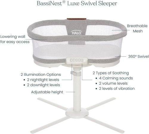 HALO BassiNest Luxe Swivel Sleeper - 360° Rotating Baby Bassinet with Vibrations & White Noise, Dove Grey Tweed