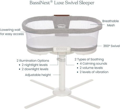 HALO BassiNest Luxe Swivel Sleeper - 360° Rotating Baby Bassinet with Vibrations & White Noise, Dove Grey Tweed