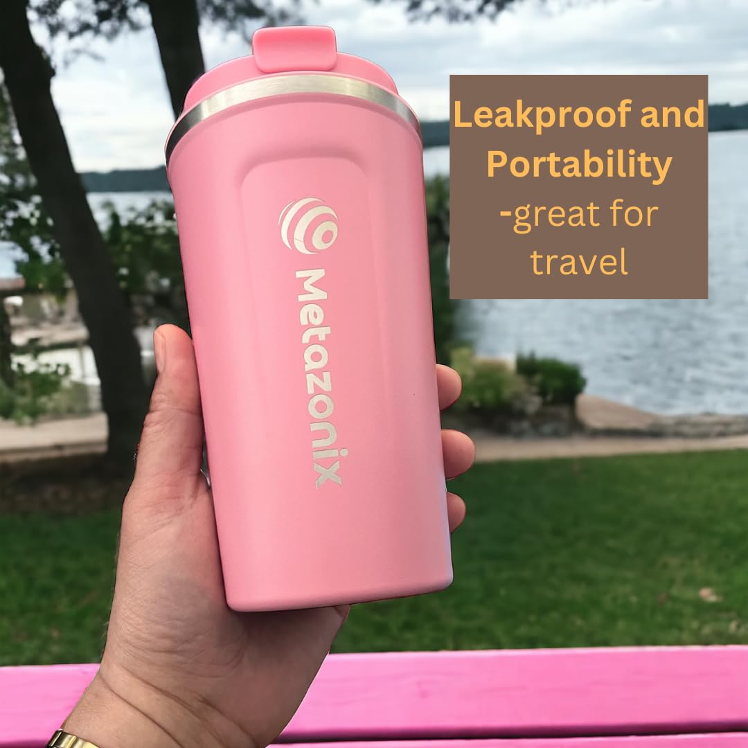 Metazonix - Travel Coffee Mug - 17oz Stainless Steel Coffee Mug - Coffee Travel Mug Spill Proof Leak Proof - Insulated Coffee Mug With Lid - Travel Coffee Tumbler - BPA Free (Pink)