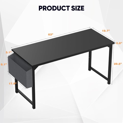 DUMOS 63-Inch Modern Office Computer Desk - Stylish Writing Table for Home & Bedroom - Black