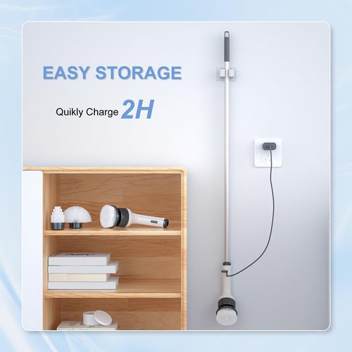 Holercoco Electric Spin Scrubber, Shower Cleaner Brush, Shower Scrubber with Long Handle 53.2inch, 2H Fast Charge, IPX7 Waterproof, Bathroom Cleaning Brush 2 Adjustable Speeds