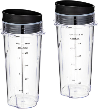 Ninja Blender Cups - 16oz Replacement for QB3001SS, QB3000SS, BL660, BL770, BL780 | 2 Pack with Lids