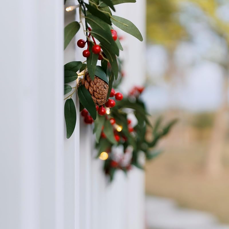 2 Pack 6ft Pre-lit Christmas Garland with Lights — Artificial Holly, Berries & Pine Cones (Variation: Willow Leaf)