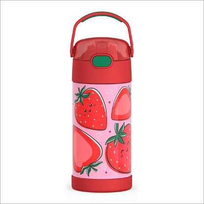 THERMOS FUNTAINER Water Bottle - 12 Ounce Kids Stainless Steel Vacuum Insulated with Straw, Strawberry Smiles