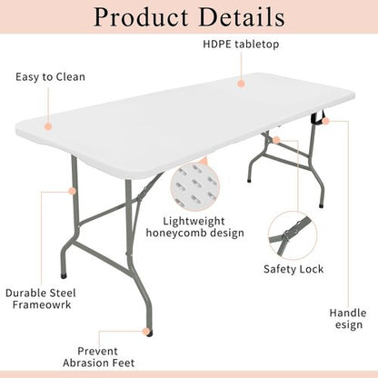 Folding Tables Set of 2 - Lightweight Rectangular Portable Plastic with Steel Legs | 5.85FT White for Events & Picnics