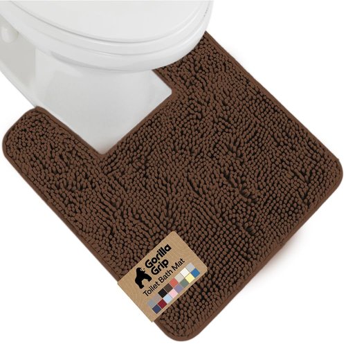 GORILLA GRIP Plush Absorbent Shaggy Chenille Bath Rug Mat for Square Toilet Base with Rubber Backing, Machine Washable Rugs, Soft Microfiber Contour Mats for Toilets, Bathroom Decor, Brown