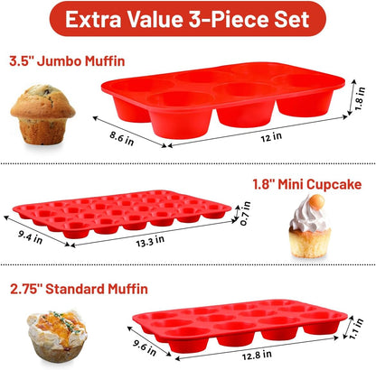 CAKETIME Silicone Muffin Pan Set | 3-Piece Bakeware - Mini 24 Cups, Regular 12 Cups, Jumbo 6 Cups