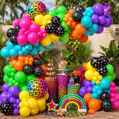 Rainbow Cheetah Birthday Decorations Set with Backdrop, Balloons, Cake Toppers