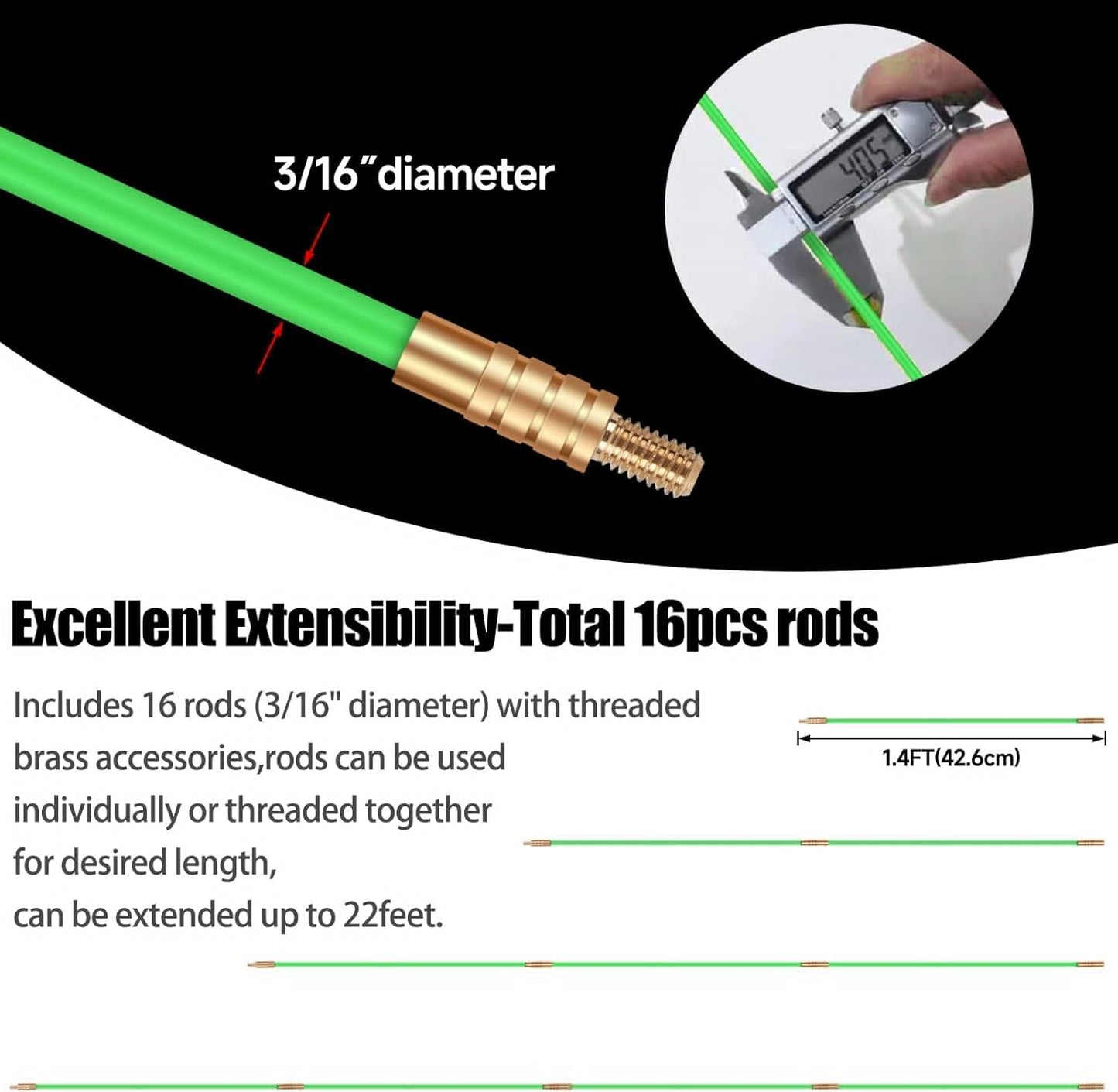 FTIHTRY 22FT Fiberglass Electrical Wire Pulling Rods - Complete Kit with 8 Attachments & Fish Tape