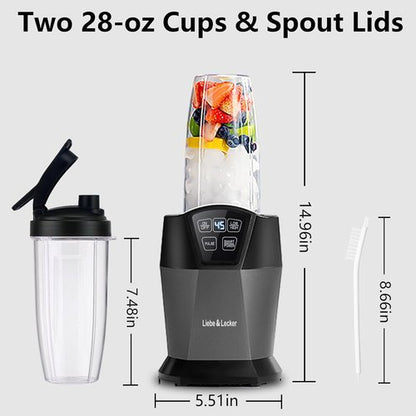 Liebe&Lecker Smoothie Blender - 1200 Peak Watts Personal Blender with 2 To-Go Cups & Solid Lid | Ice Crushing & Frozen Fruit
