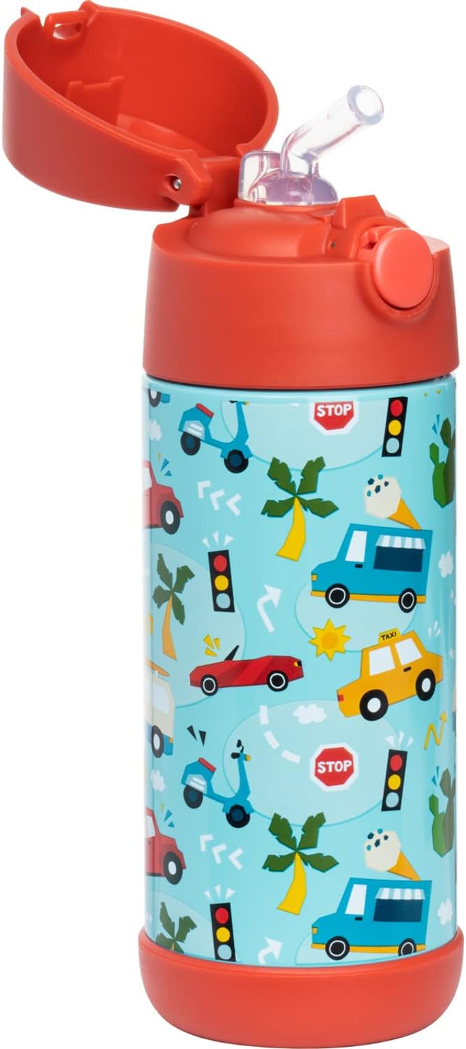 Snug Kids Water Bottle - Insulated Double-Wall Stainless Steel, Leakproof Straw & Spout - 12oz Cars