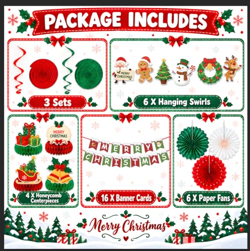 Christmas Decorations Set - Red White Green Xmas Banner Paper Fans Swirls & Honeycomb