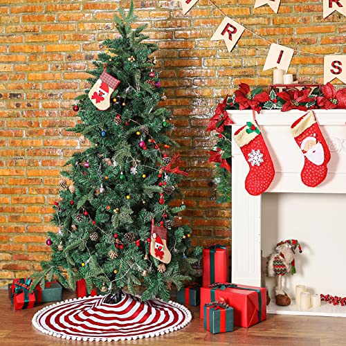 Christmas Tree Skirt 48 Inch Red White Rings with Pom Pom Trim - Holiday Decor