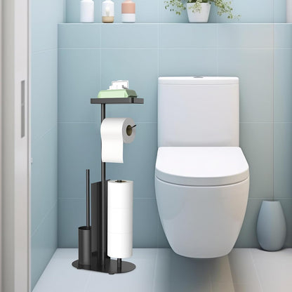 Regine Switzerland Free Standing Toilet Paper Holder - Stylish Bathroom Tissue Stand with Shelf, Black