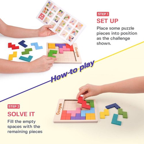 Coogam Wooden Puzzle Blocks - 3D Brain Teasers & Tangram Shapes | 60 Challenges for Kids & Adults