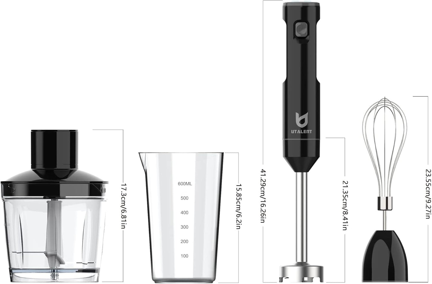 UTALENT Cordless Hand Blender - Variable Speed Immersion Blender with 500ml Chopper & Whisk | Black