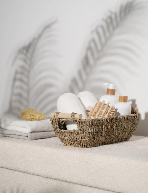 StorageWorks Small Baskets for Shelf, Seagrass Woven Basket with Wooden Handles for Gifts, 2-Pack